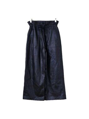 Zara Cropped Faux Leather Pants Women XS Black Wide Leg Paperbag Waist Grunge